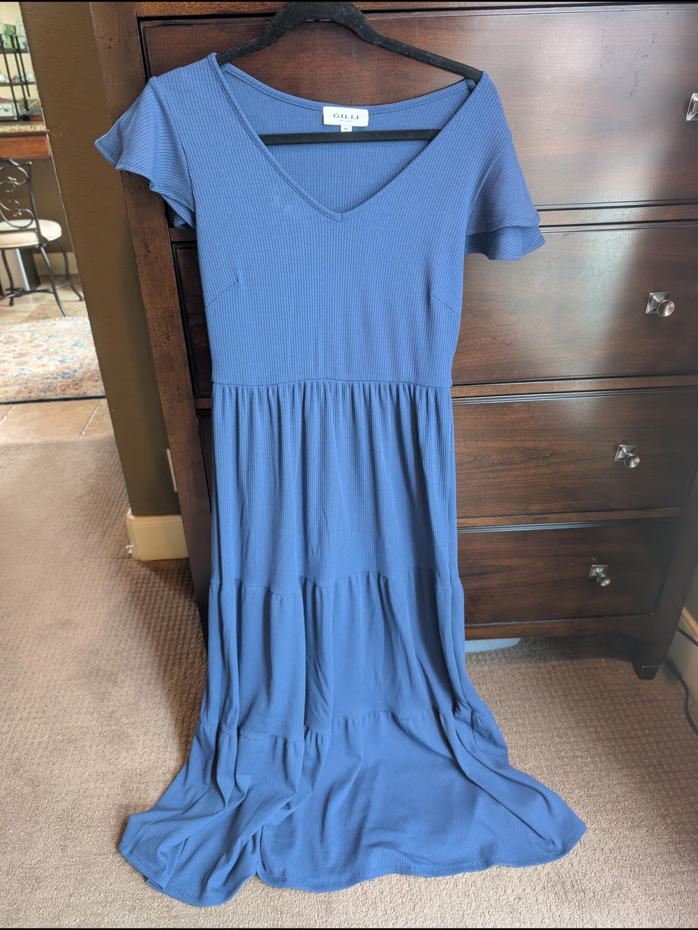 Gilli Blue Ribbed V-Neck Tiered Maxi Dress